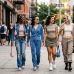 2000s fashion girls wearing low-rise jeans, cropped tops, and butterfly hair clips