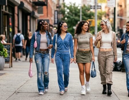 2000s fashion girls wearing low-rise jeans, cropped tops, and butterfly hair clips