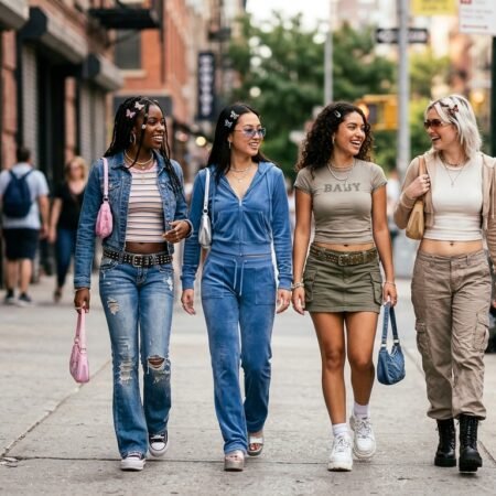 2000s fashion girls wearing low-rise jeans, cropped tops, and butterfly hair clips