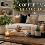 Coffee table decor ideas showing tray, books, plant, and candle styling