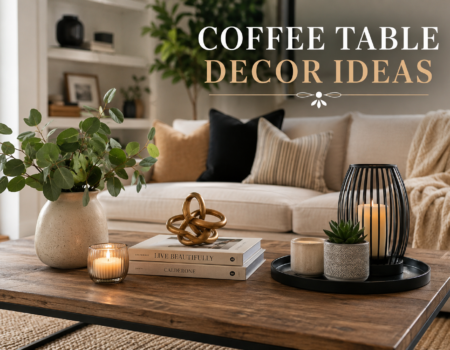 Coffee table decor ideas showing tray, books, plant, and candle styling