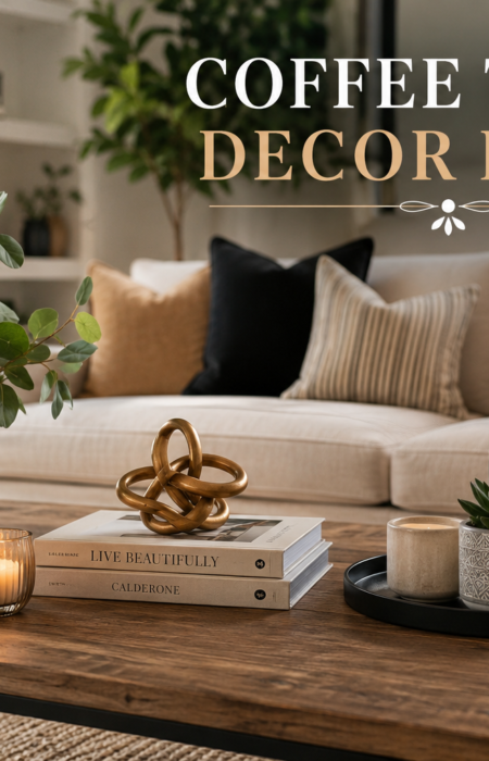 Coffee table decor ideas showing tray, books, plant, and candle styling