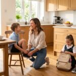 Child following a school morning routine checklist while getting ready for school