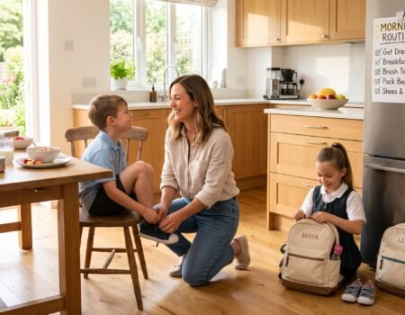 Child following a school morning routine checklist while getting ready for school