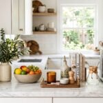 Kitchen counter decor idea with fruit bowl, wooden board, and herb pot
