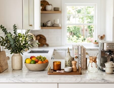 Kitchen counter decor idea with fruit bowl, wooden board, and herb pot