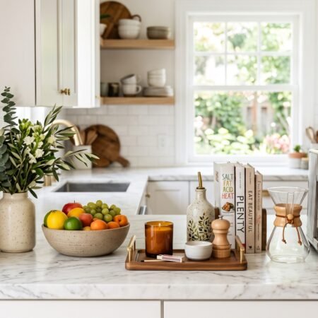 Kitchen counter decor idea with fruit bowl, wooden board, and herb pot