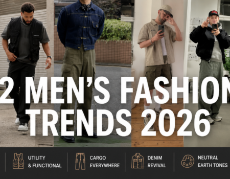 Man wearing relaxed double-breasted blazer and sneakers, representing men's fashion 2026 trends