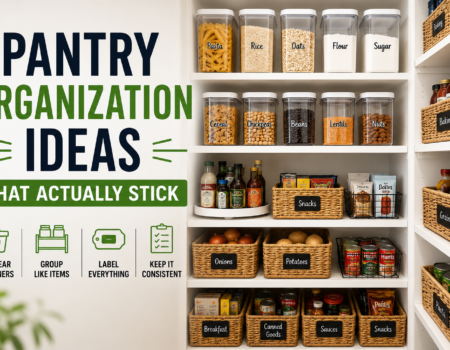 Pantry organization ideas showing labeled bins and clear food storage containers