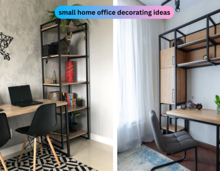 Small home office decorating ideas with floating desk and wall shelves