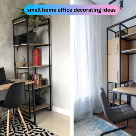 Small home office decorating ideas with floating desk and wall shelves