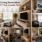 Small living room with wall-mounted TV, low console, and slim sofa maximizing floor space