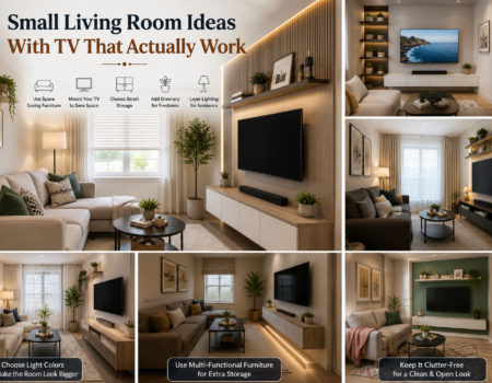 Small living room with wall-mounted TV, low console, and slim sofa maximizing floor space