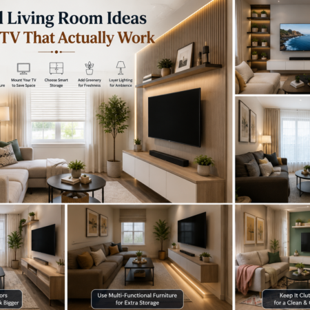 Small living room with wall-mounted TV, low console, and slim sofa maximizing floor space