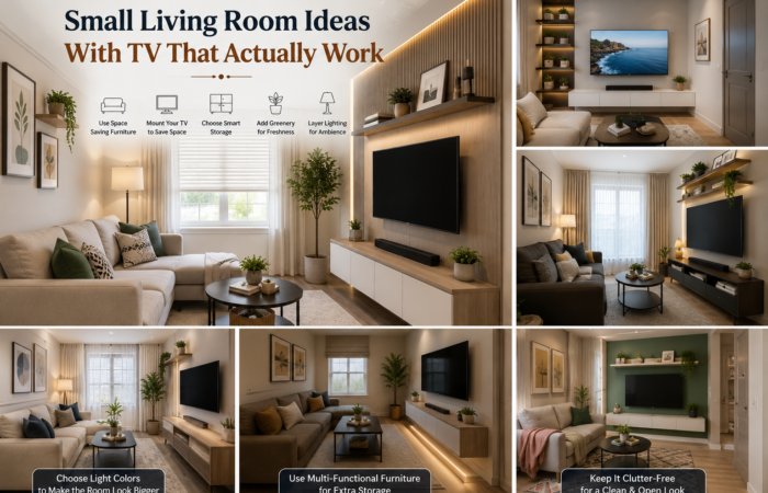 Small living room with wall-mounted TV, low console, and slim sofa maximizing floor space