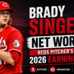 Brady Singer, Cincinnati Reds pitcher, throwing during an MLB game, related to his 2026 net worth and contract