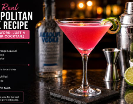Cosmopolitan drink recipe cocktail in a martini glass with orange twist garnish