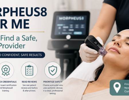 Morpheus8 RF microneedling treatment being applied to a patient's face at a skincare clinic