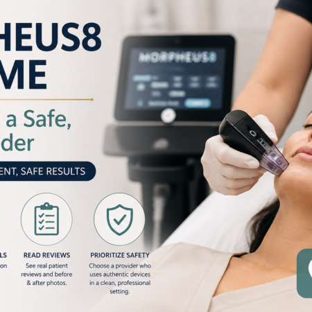 Morpheus8 RF microneedling treatment being applied to a patient's face at a skincare clinic