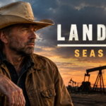 Landman Season 2 cast members in a dramatic West Texas oil field scene featuring Tommy Norris
