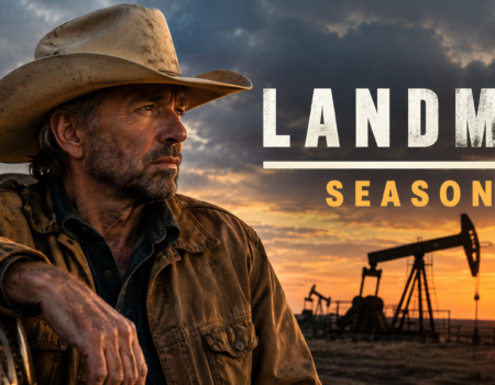 Landman Season 2 cast members in a dramatic West Texas oil field scene featuring Tommy Norris