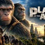 Planet of the Apes movie characters in a dramatic science fiction setting