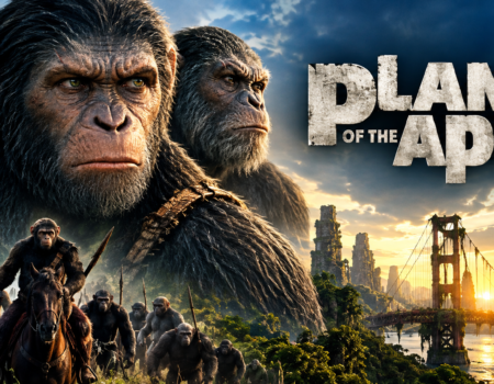 Planet of the Apes movie characters in a dramatic science fiction setting