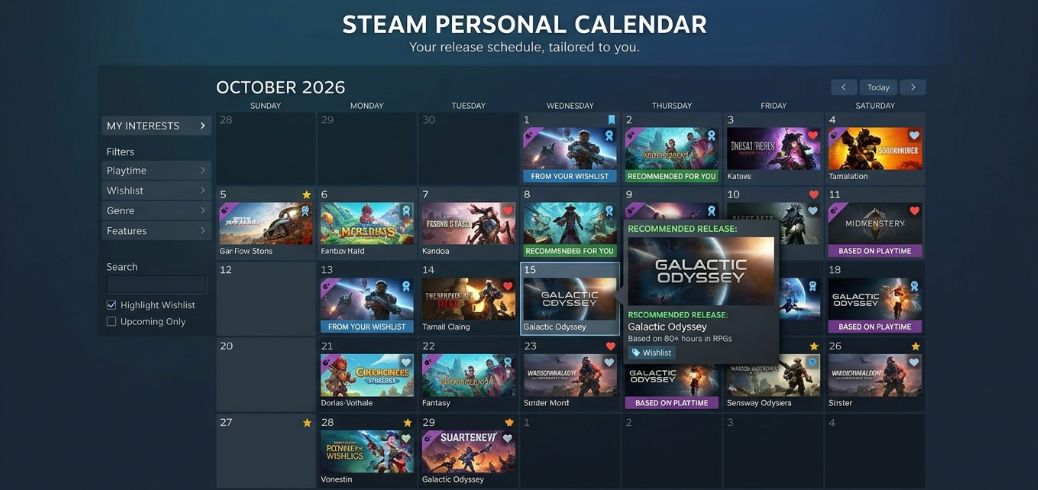 Steam Personal Calendar feature explained showing personalised upcoming game releases, recommendations, and release dates on Steam.