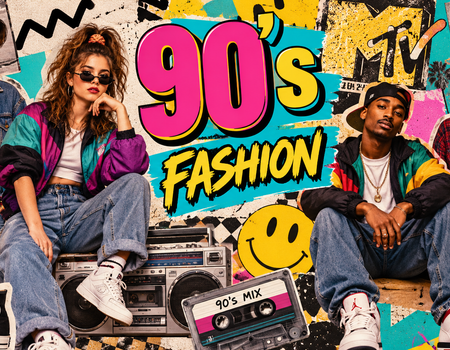 90's fashion trends featuring baggy jeans, crop tops, oversized jackets, chunky trainers and iconic retro streetwear styles.