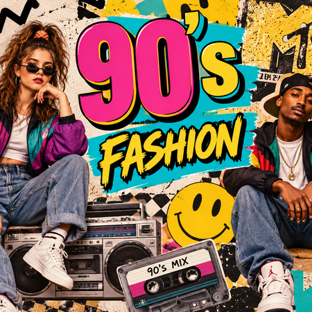 90's fashion trends featuring baggy jeans, crop tops, oversized jackets, chunky trainers and iconic retro streetwear styles.