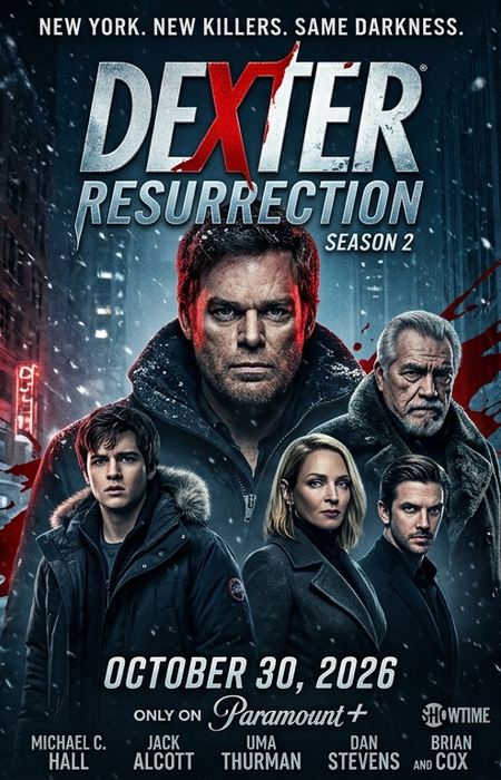 Dexter Resurrection Season 2 featuring Michael C. Hall as Dexter Morgan, returning to New York for new serial killer threats.